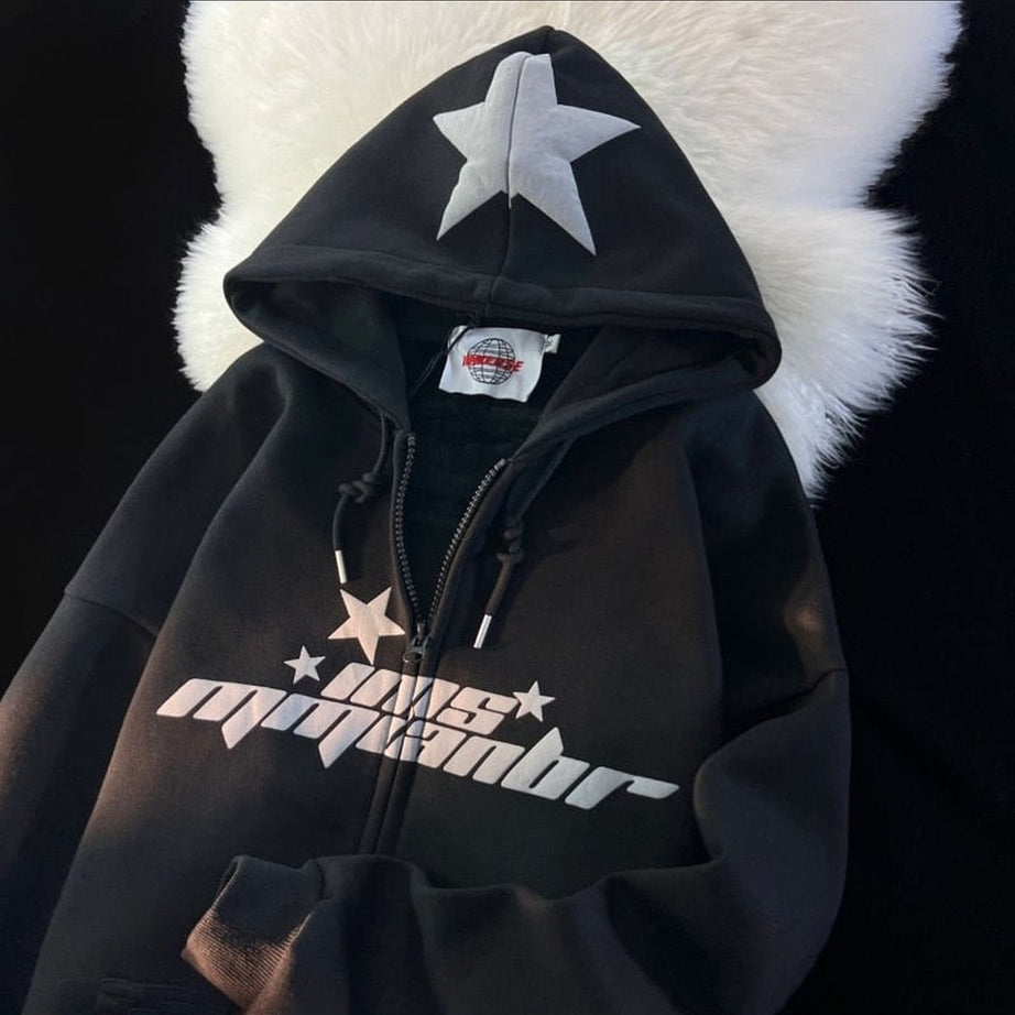 Y2k Hip Hop Zipper Star Print Hoodie