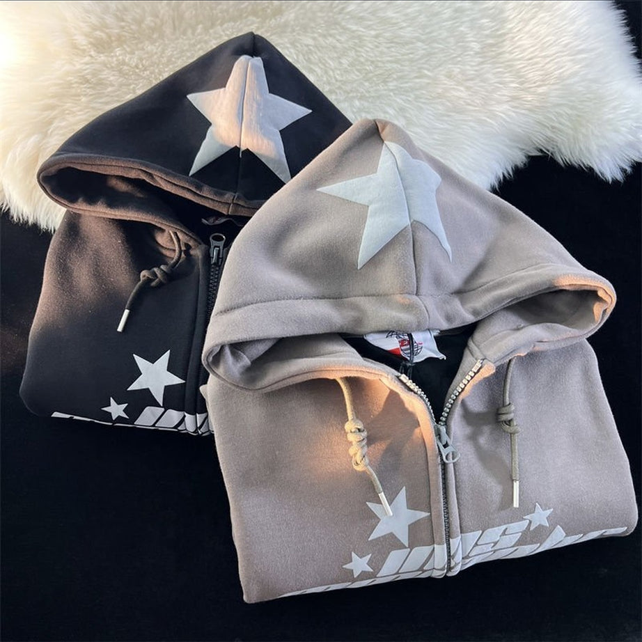 Y2k Hip Hop Zipper Star Print Hoodie