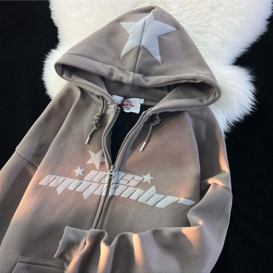 Y2k Hip Hop Zipper Star Print Hoodie