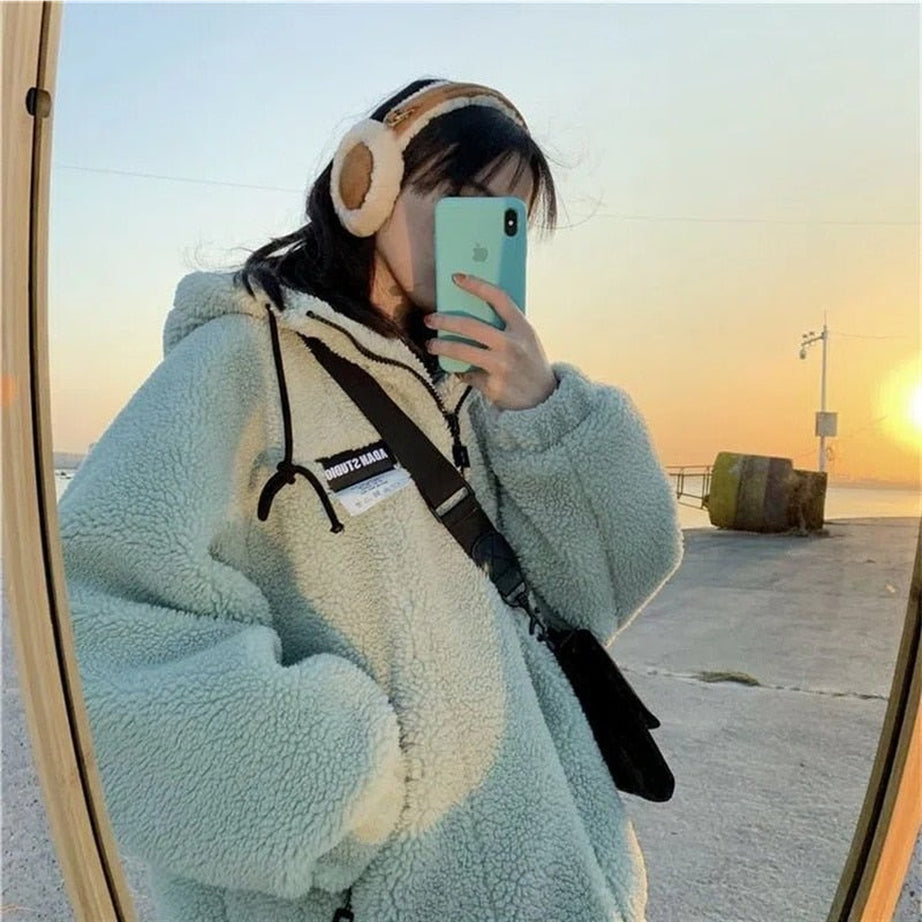 Y2k Hooded Lamb Plush Sweatshirt