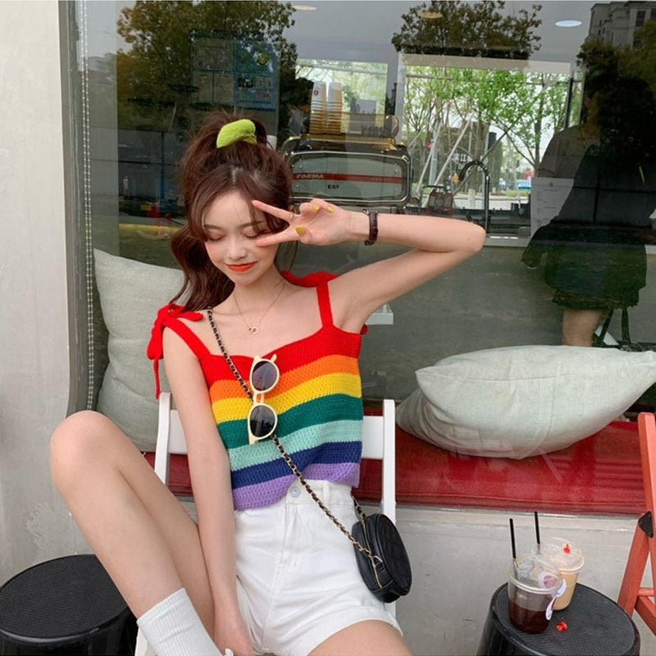 Y2k Indie Rainbow Stripe Crop Top