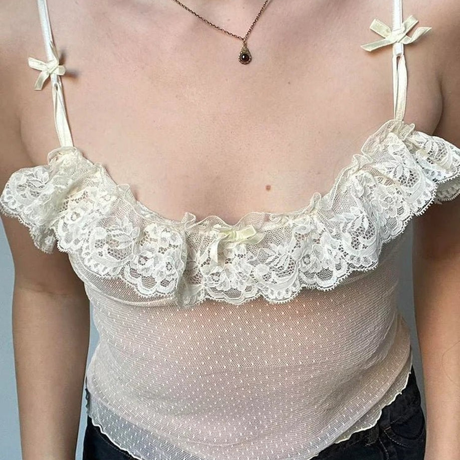 Y2k Ivory Lace Bow Top