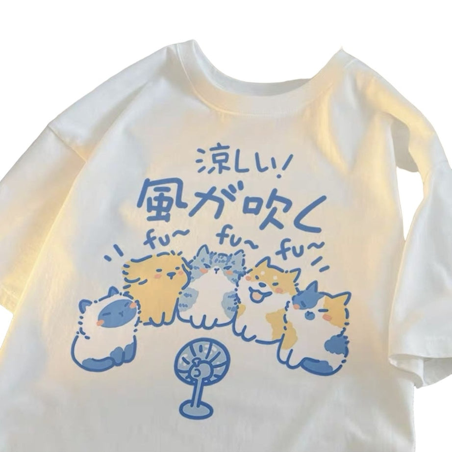 Y2k Japanese Cat & Dog Print Cotton T-Shirt