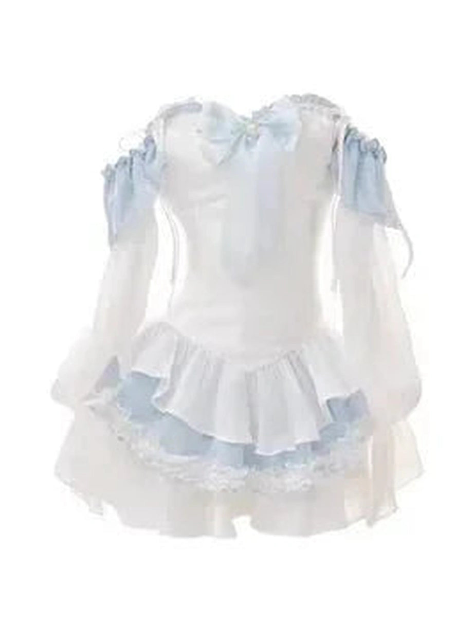Y2k Kawaii Blue Bow Mini Dress Set
