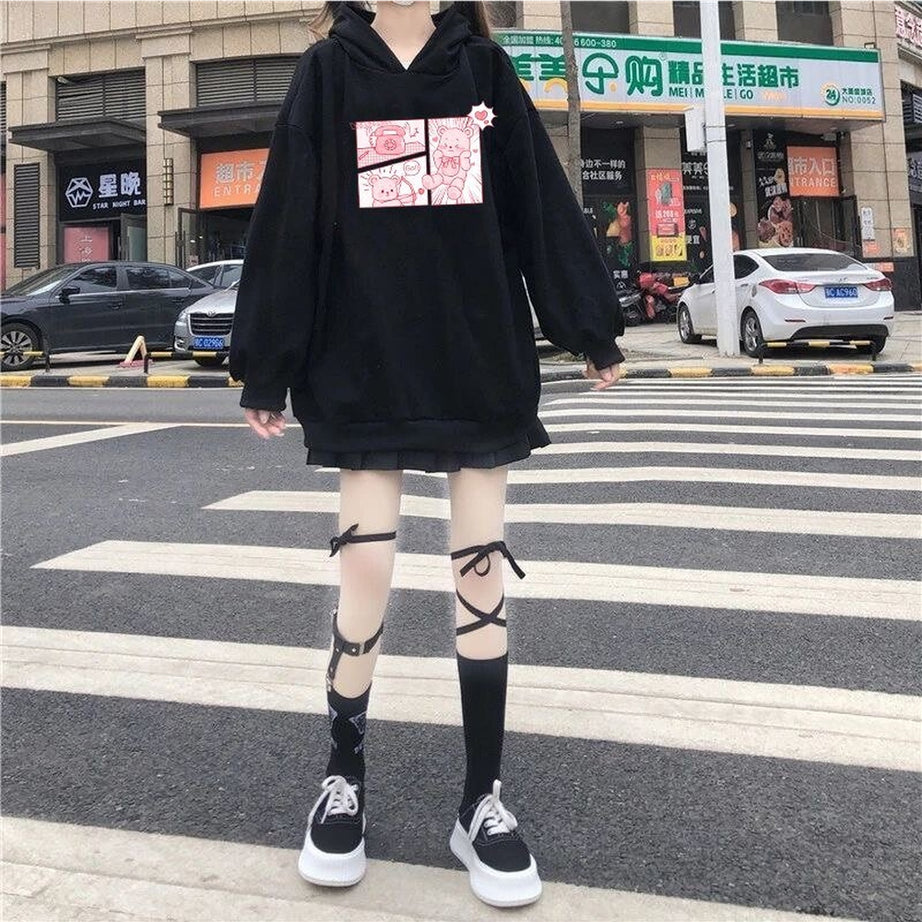 Y2k Kawaii Bunny Bear Print Hoodie