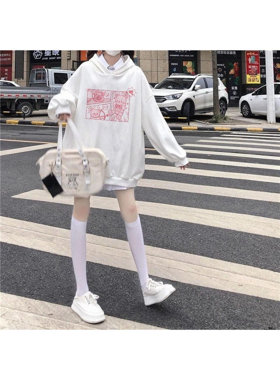 Y2k Kawaii Bunny Bear Print Hoodie