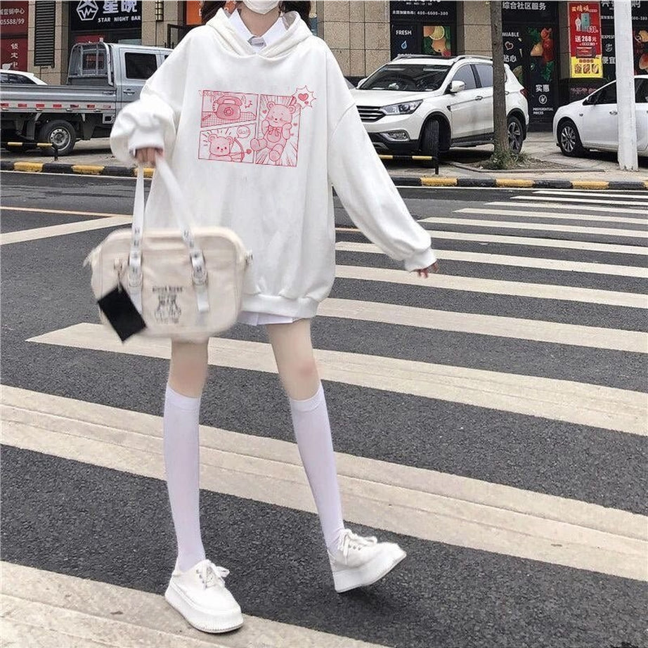 Y2k Kawaii Bunny Bear Print Hoodie