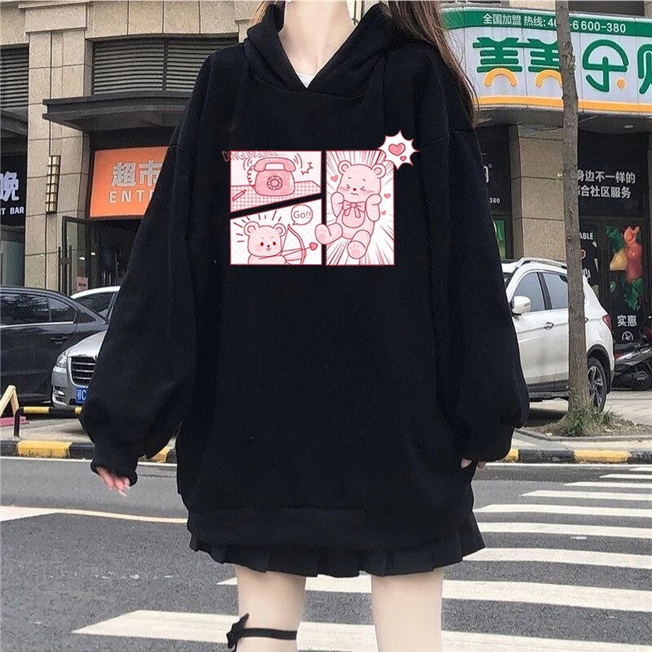Y2k Kawaii Bunny Bear Print Hoodie