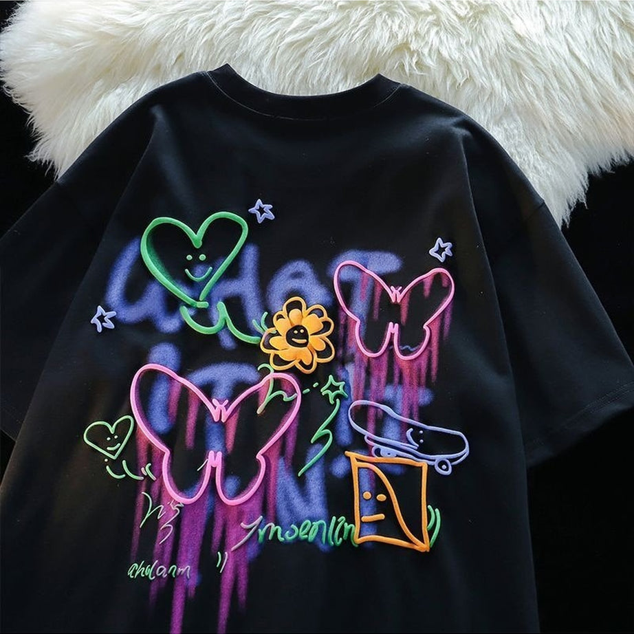 Y2k Kawaii Butterfly Painting Cotton T-shirt