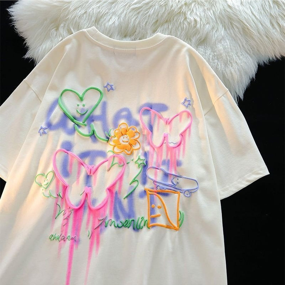 Y2k Kawaii Butterfly Painting Cotton T-shirt