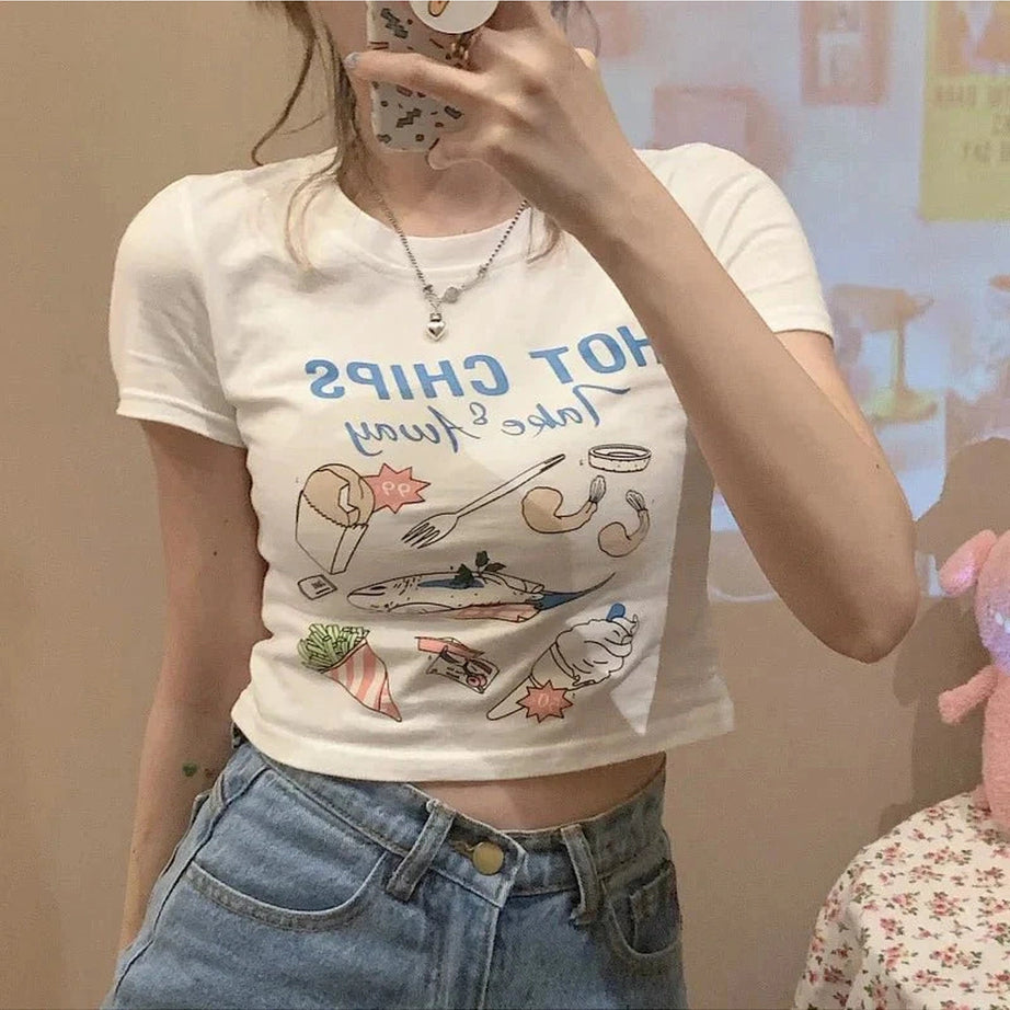 Y2k Kawaii Food Print Crop T-shirt