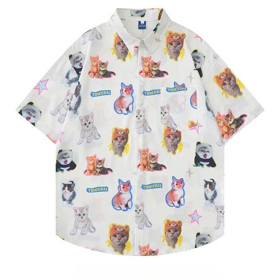 Y2k Kawaii Kitty Print Button-Up Shirt