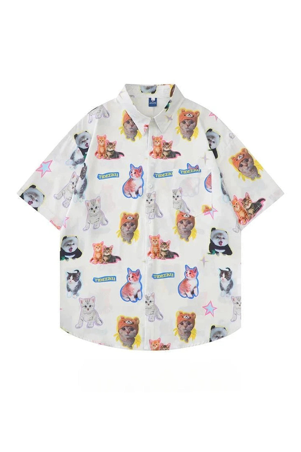 Y2k Kawaii Kitty Print Button-Up Shirt