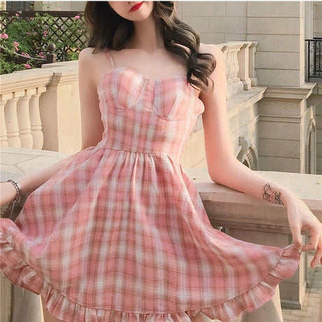 Kawaii Sleeveless Sweet Plaid Dress - Dresses