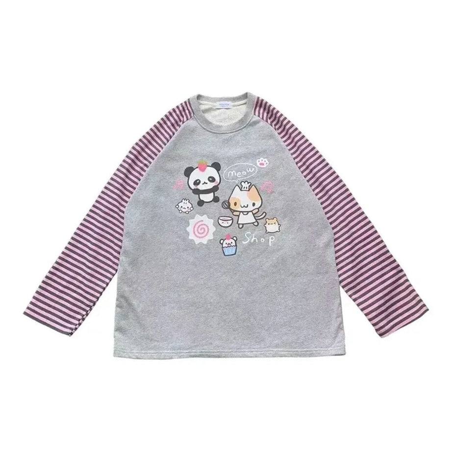 Y2k Kawaii Striped Cartoon Hoodie