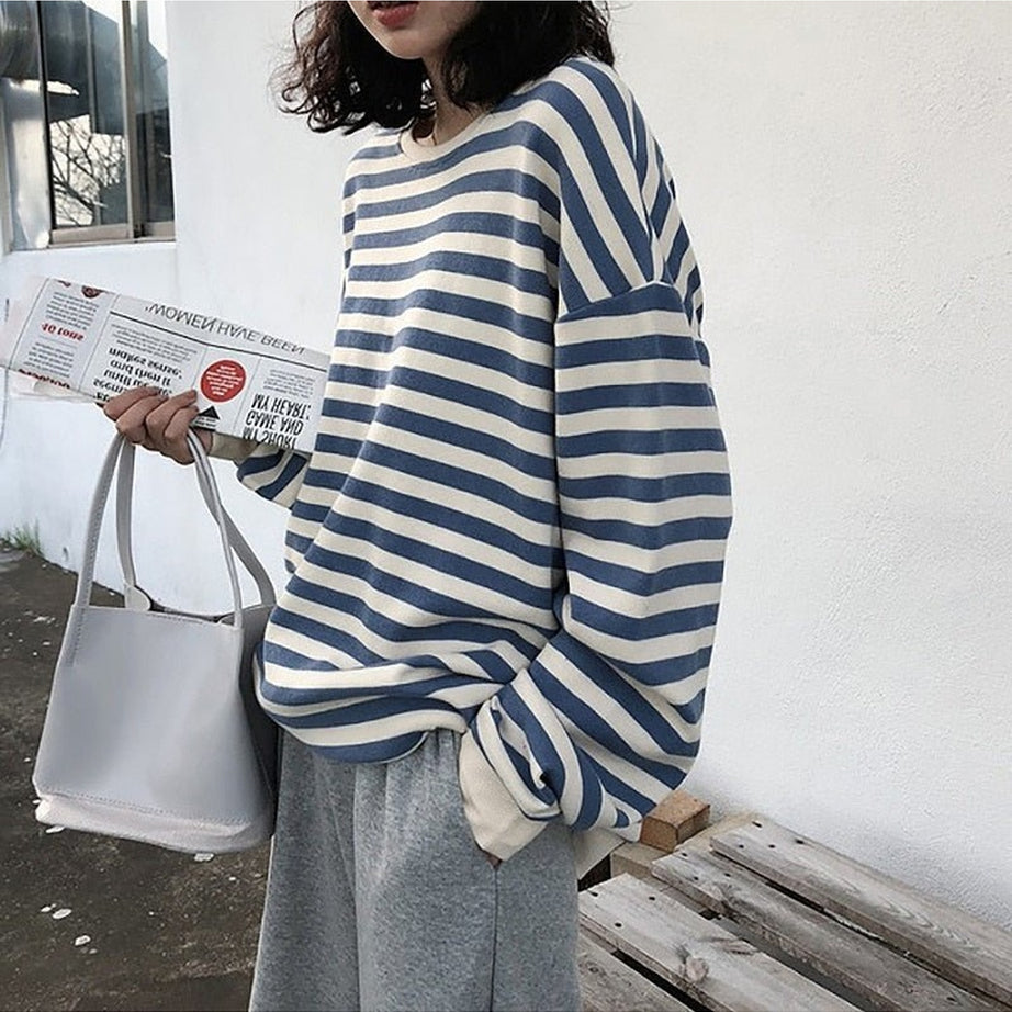 Y2k Kawaii Striped Cotton Sweatshirt