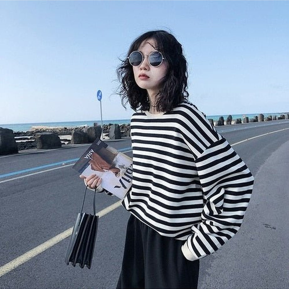 Y2k Kawaii Striped Cotton Sweatshirt