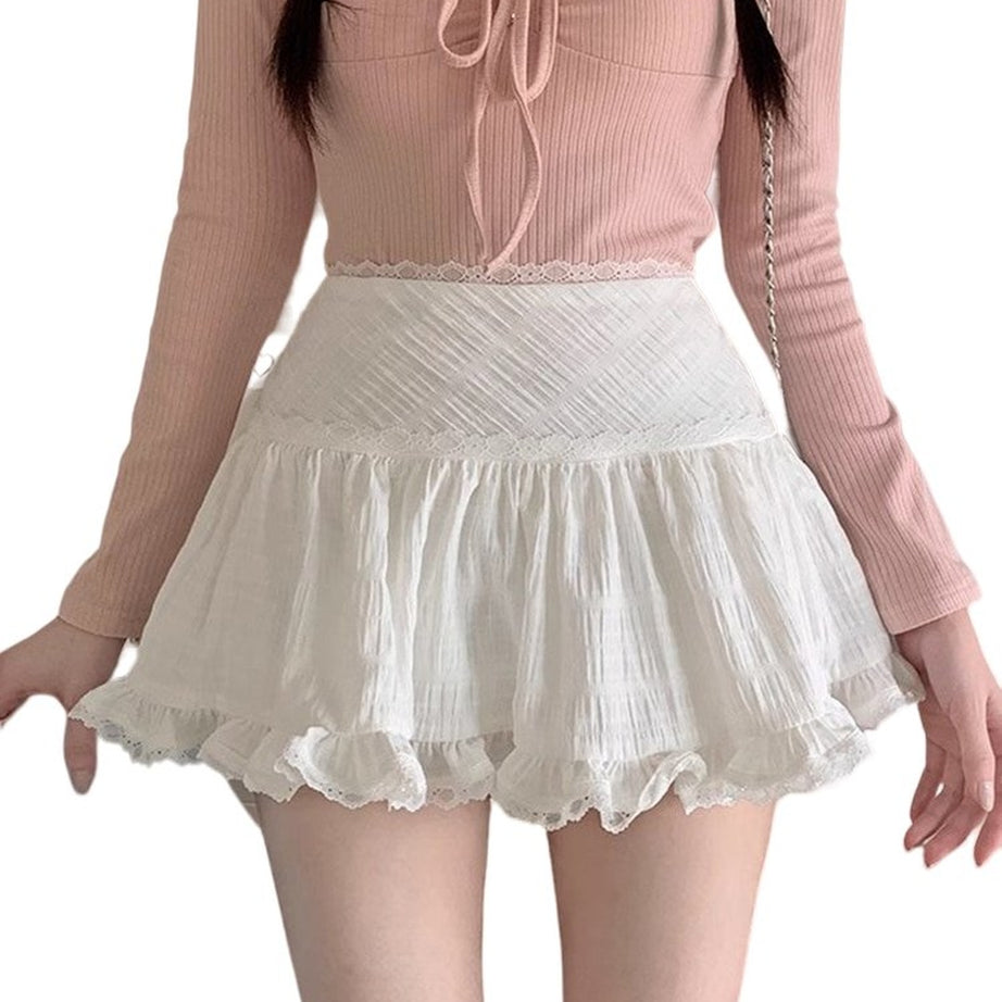 Y2k Kawaii White Lace Ruffle Mini Skirt