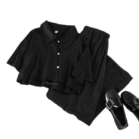 Korean Black 2 Piece Set Pants & Crop Top - Outfit Sets