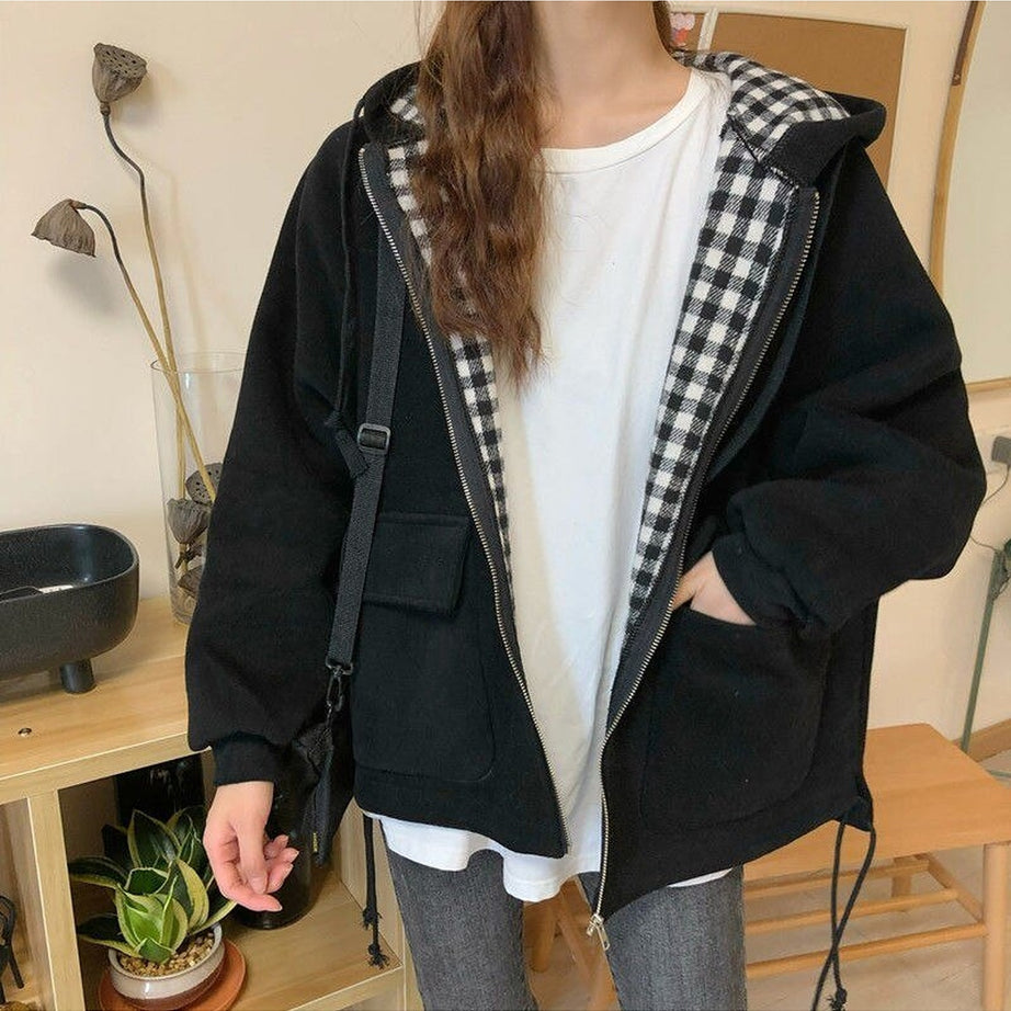 Y2k Korean Check jacket with zip hood