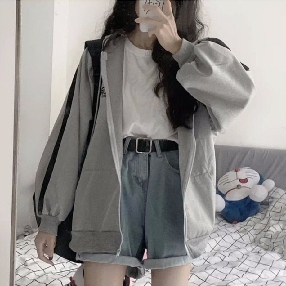 Y2k Korean Gray zip long sleeve sweatshirt