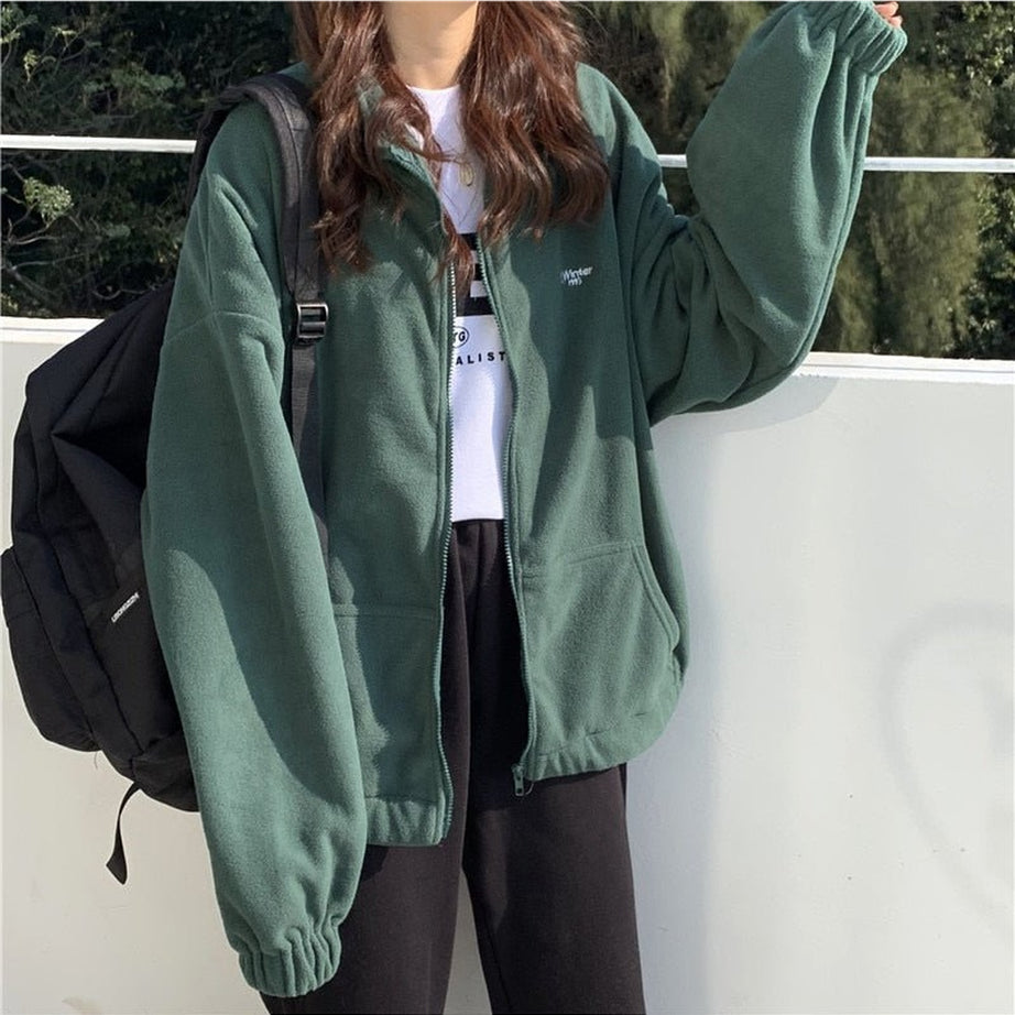 Y2k Korean Loose Velvet Zip-up Jacket