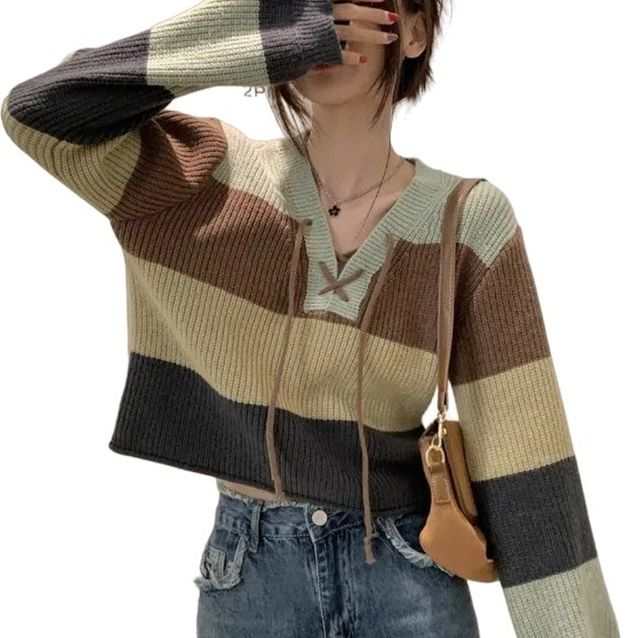 Y2k Korean Patchwork Lace-Up Sweater