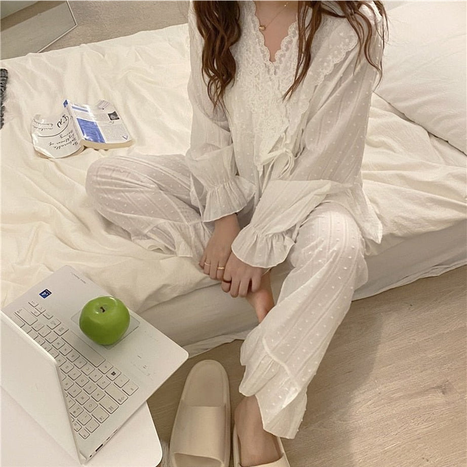 Y2k Lace Cotton Pajamas Elegant Set