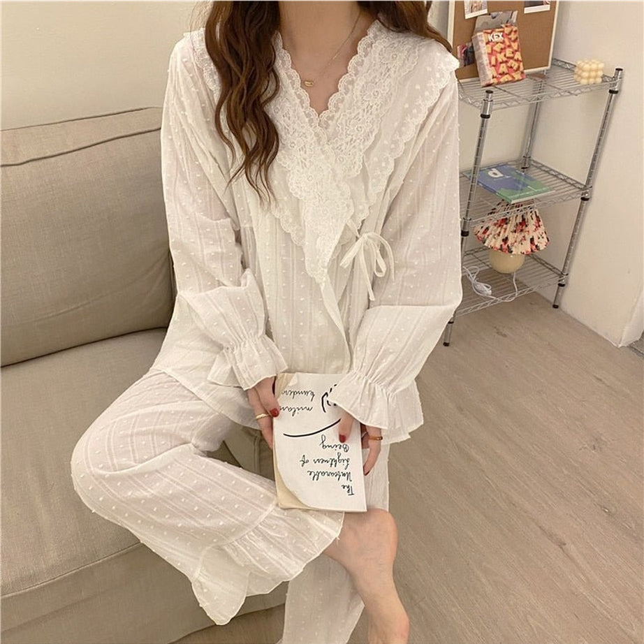 Y2k Lace Cotton Pajamas Elegant Set