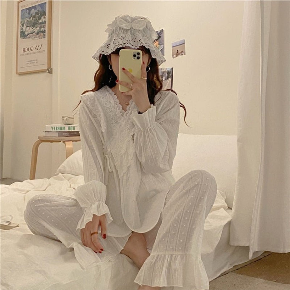 Y2k Lace Cotton Pajamas Elegant Set