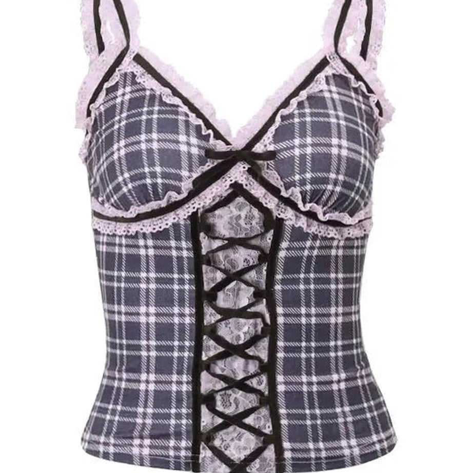 Y2k Lace Patchwork Plaid Top