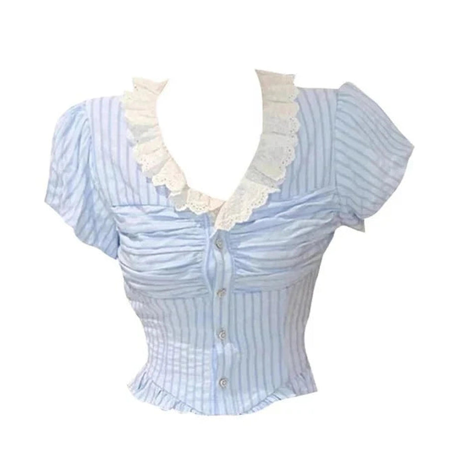 Y2k Lace-Trimmed Striped Button-Up Blouse