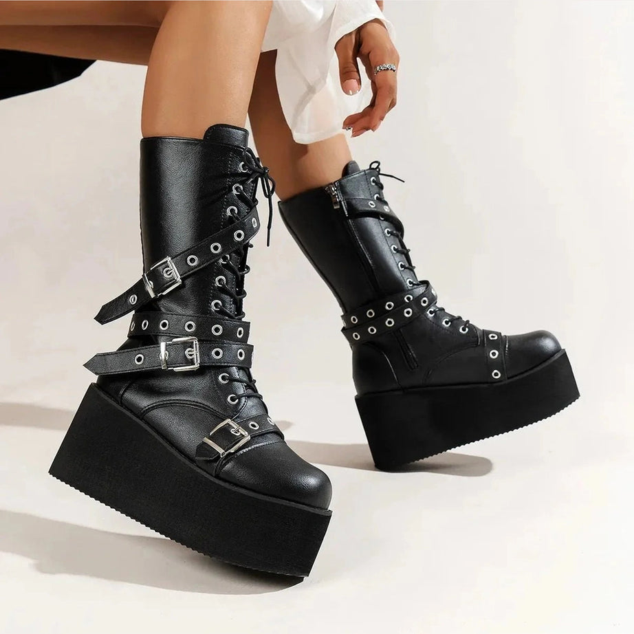 Y2k Lace Up Buckle Wedge Boots