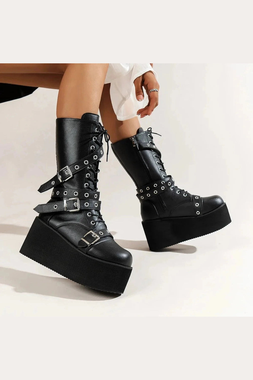 Y2k Lace Up Buckle Wedge Boots