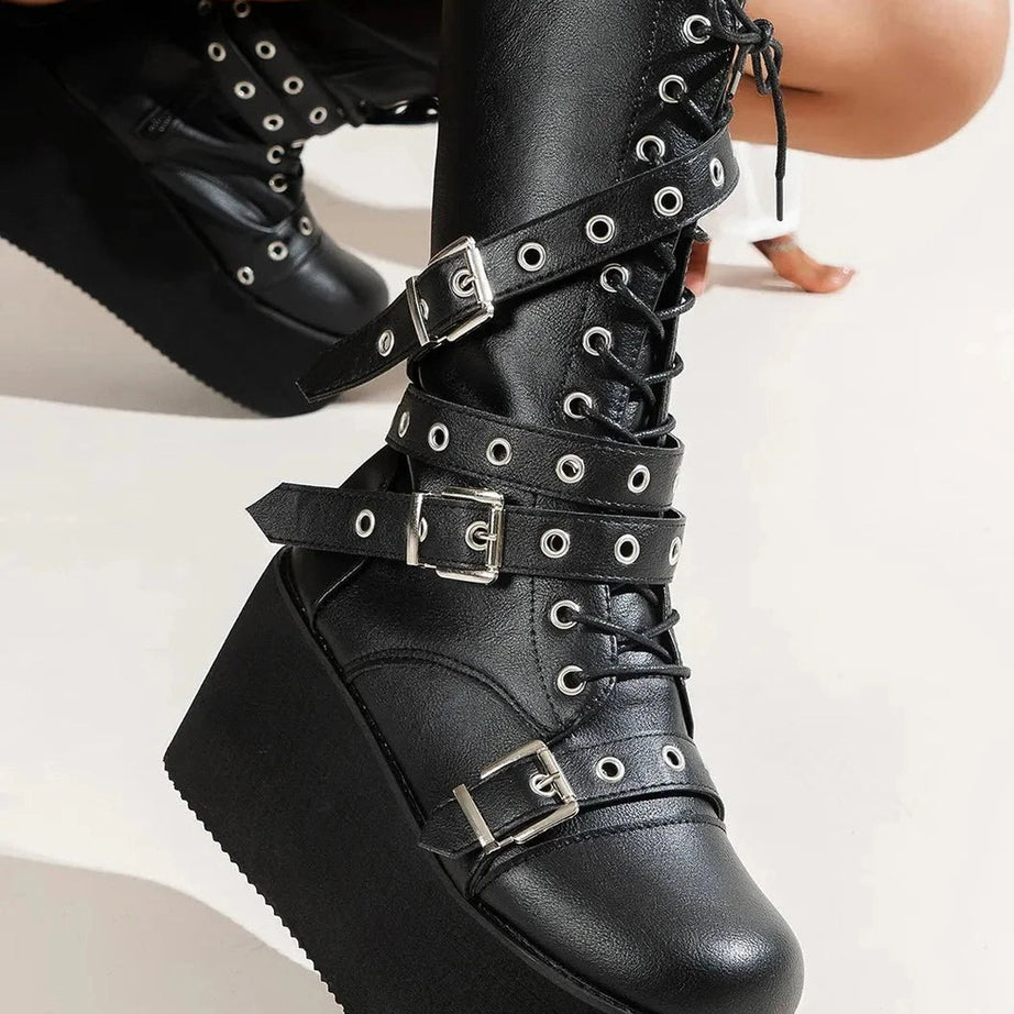 Y2k Lace Up Buckle Wedge Boots