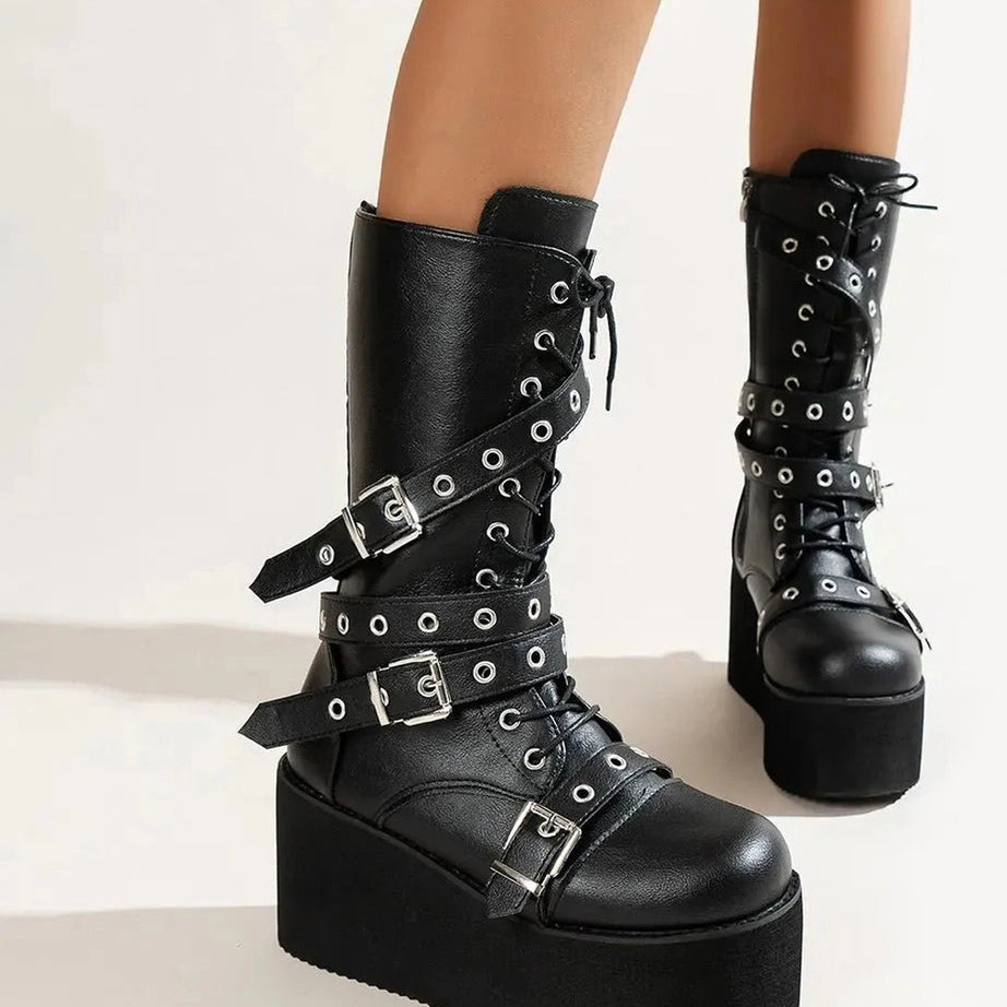 Y2k Lace Up Buckle Wedge Boots