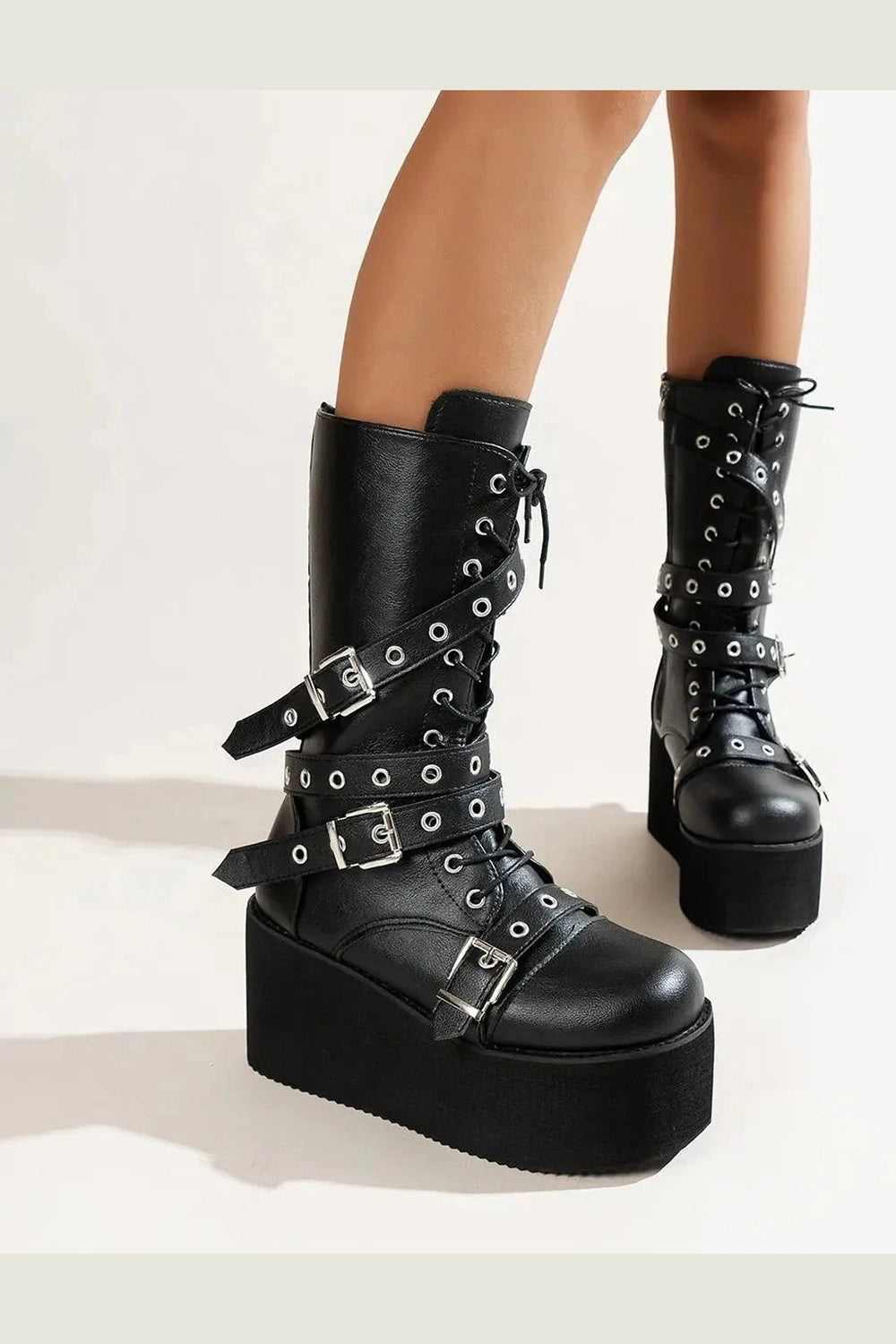Y2k Lace Up Buckle Wedge Boots