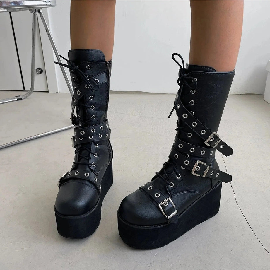 Y2k Lace Up Buckle Wedge Boots