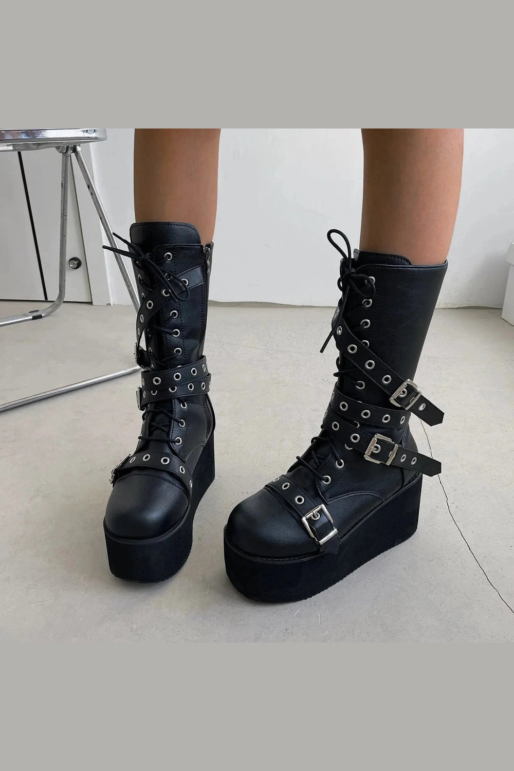 Y2k Lace Up Buckle Wedge Boots