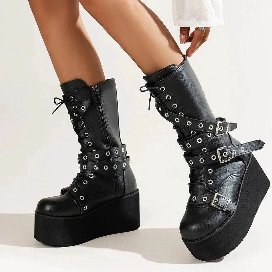 Y2k Lace Up Buckle Wedge Boots