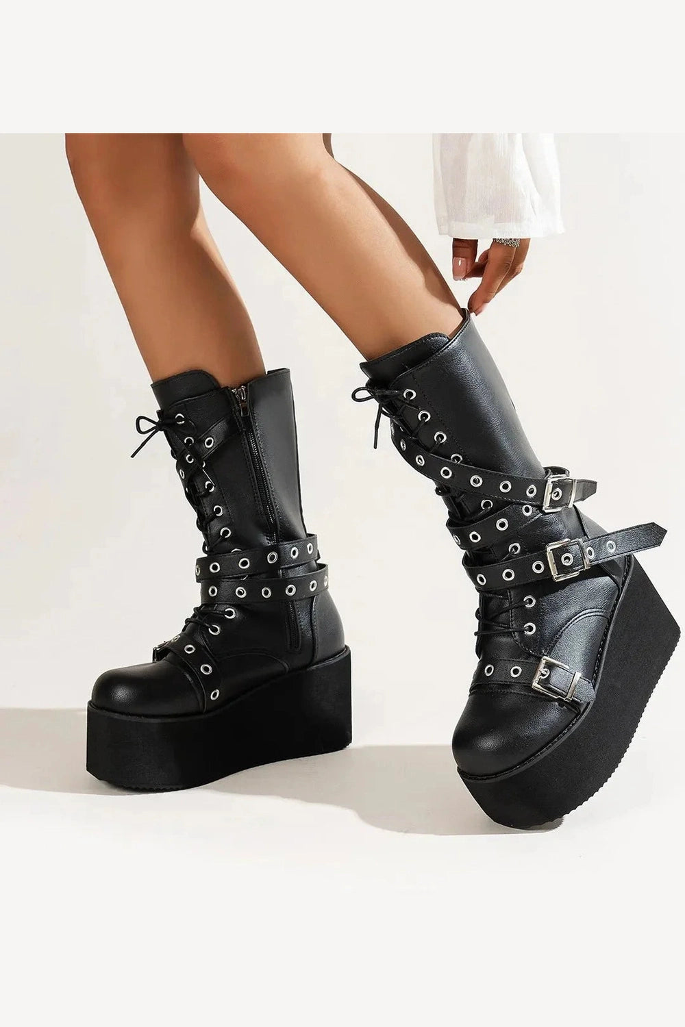 Y2k Lace Up Buckle Wedge Boots