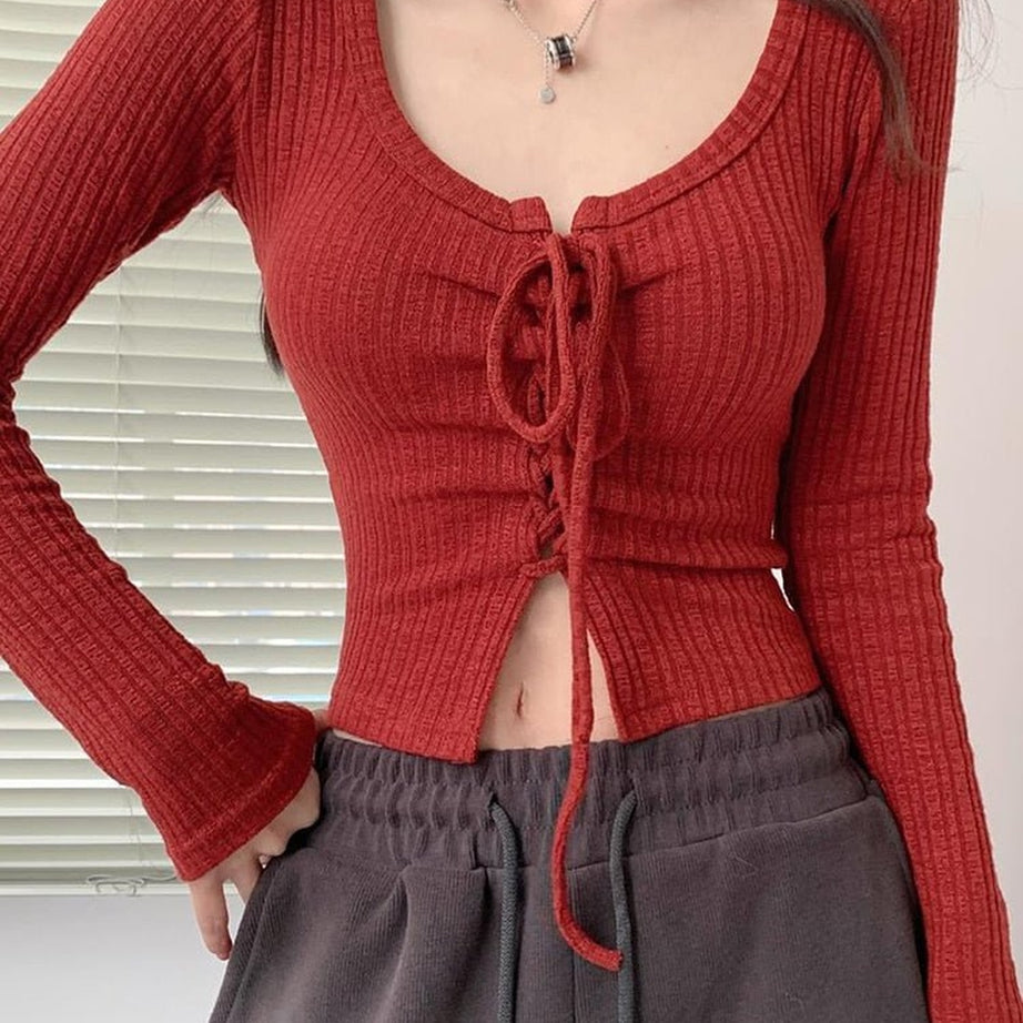 Y2k Lace Up Crop Top Sweater
