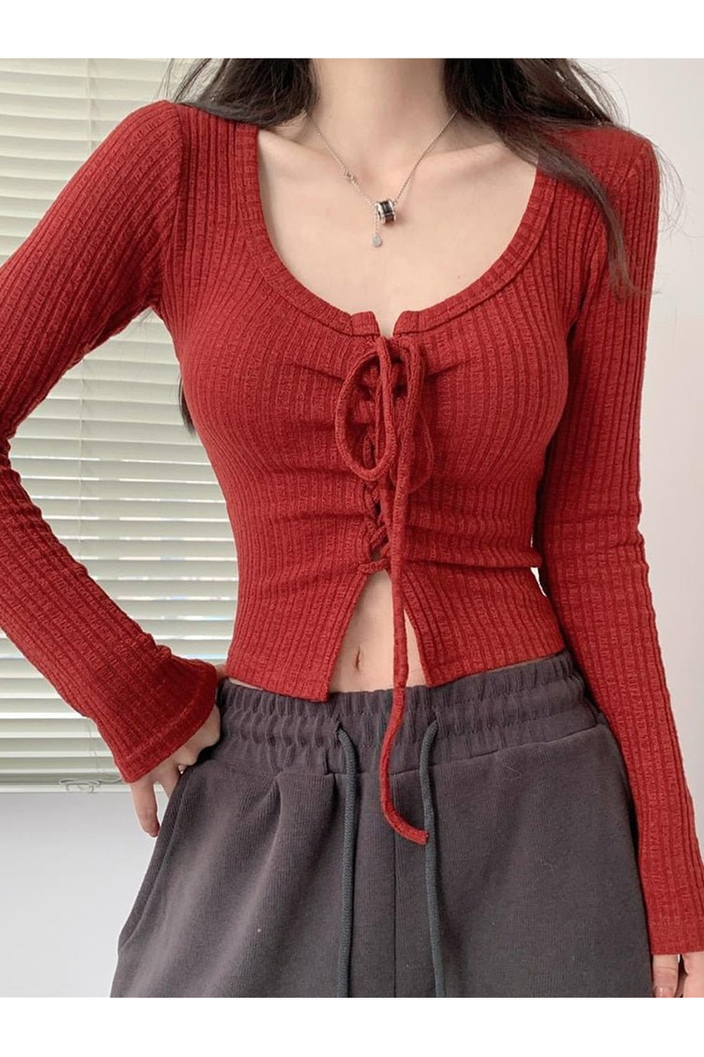 Y2k Lace Up Crop Top Sweater