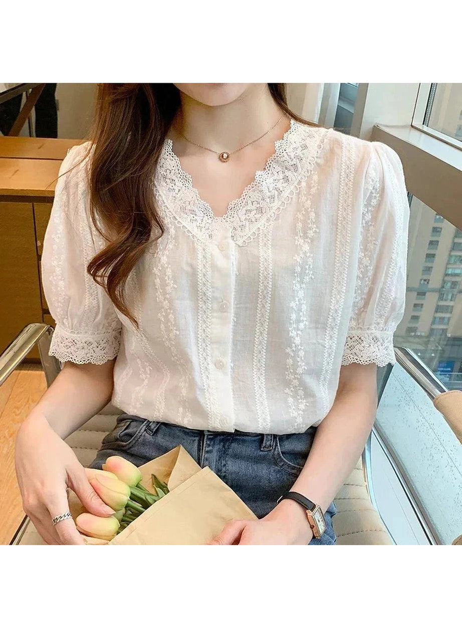 Y2k Lace V-Neck White Blouse