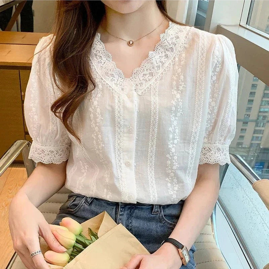 Y2k Lace V-Neck White Blouse