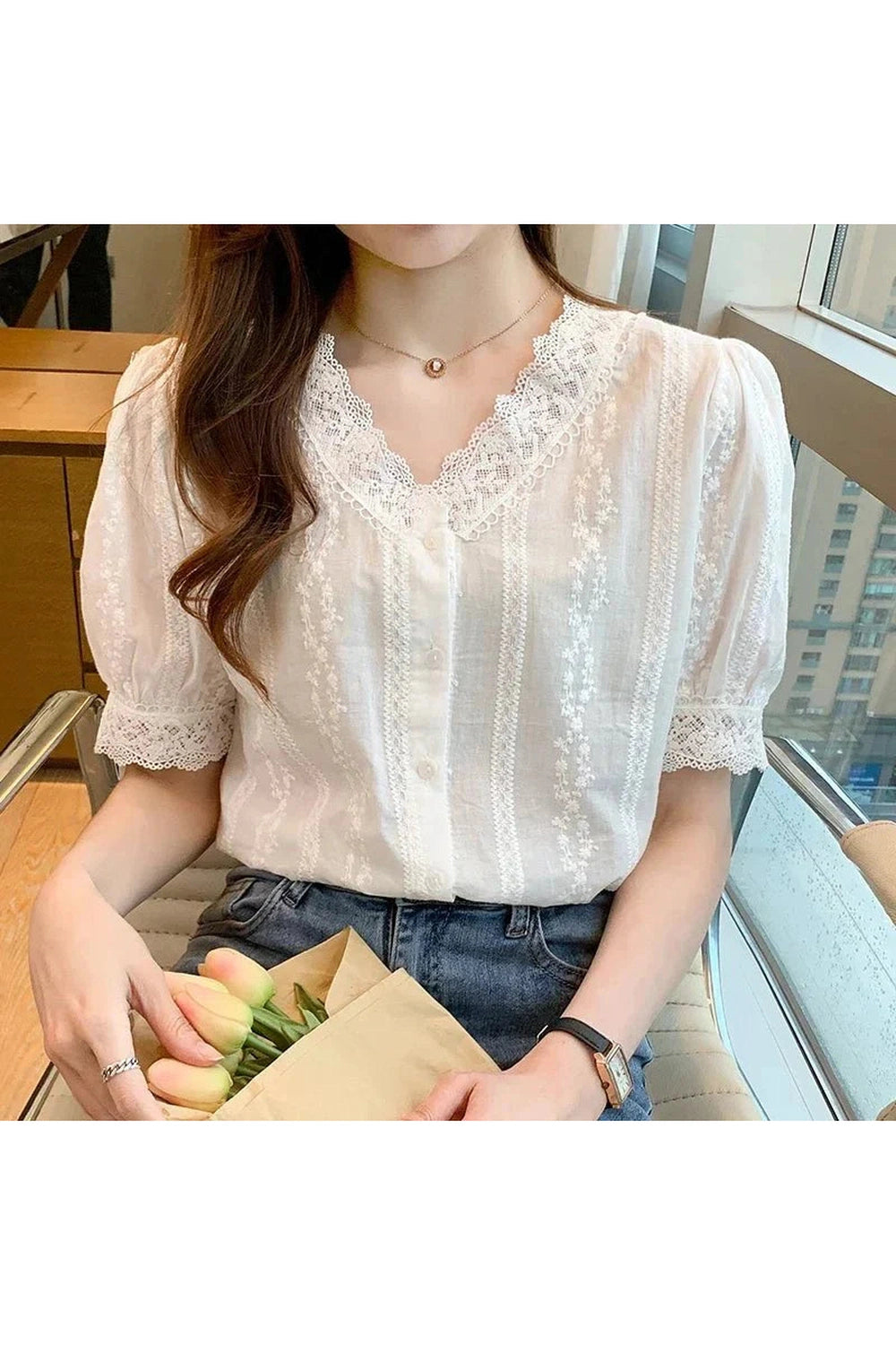 Y2k Lace V-Neck White Blouse
