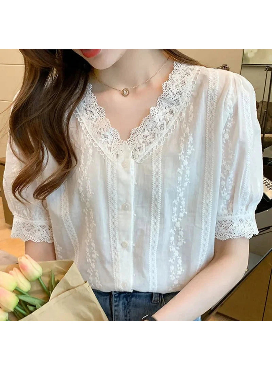 Y2k Lace V-Neck White Blouse