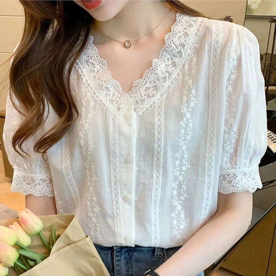 Y2k Lace V-Neck White Blouse