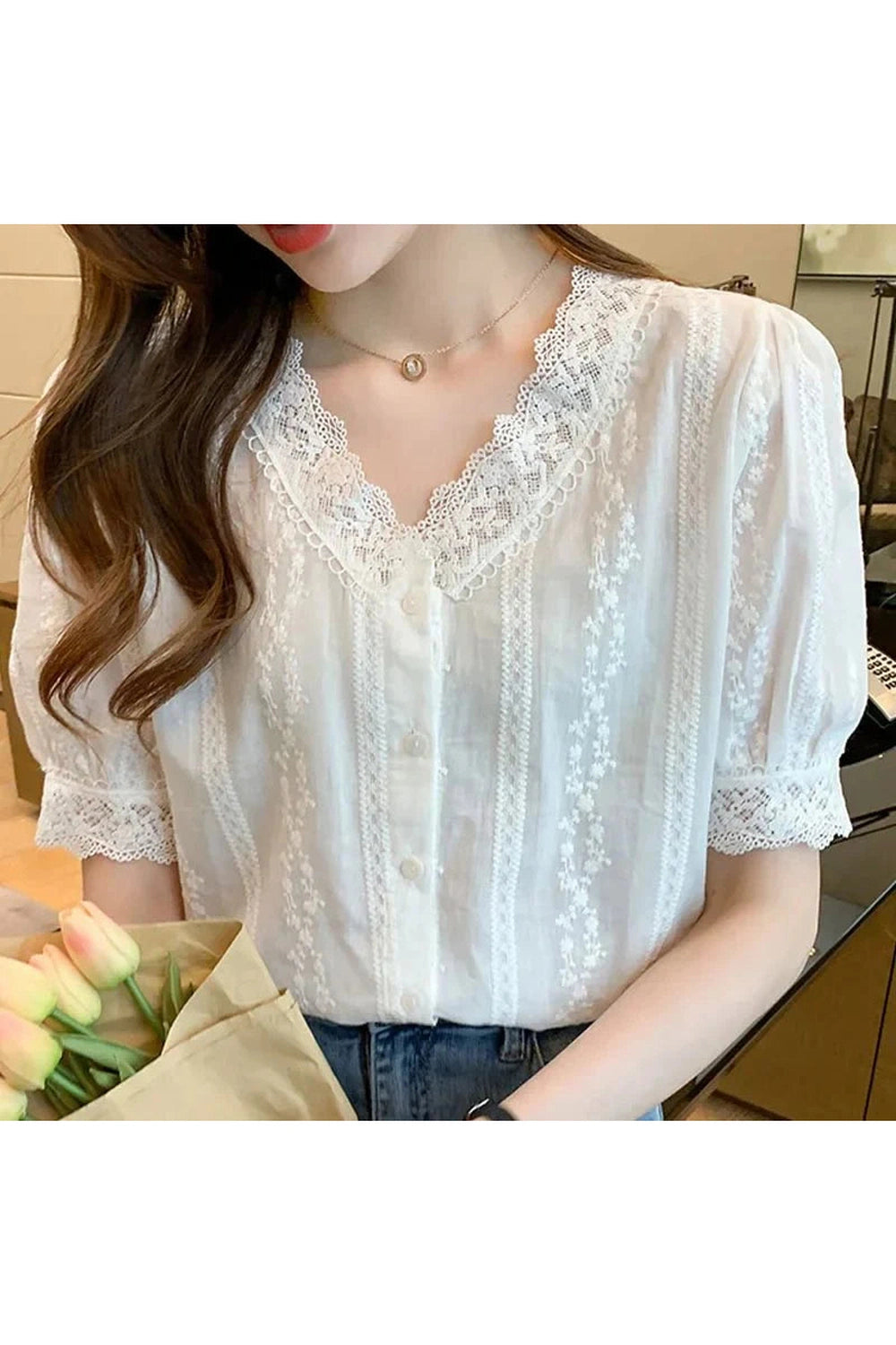 Y2k Lace V-Neck White Blouse