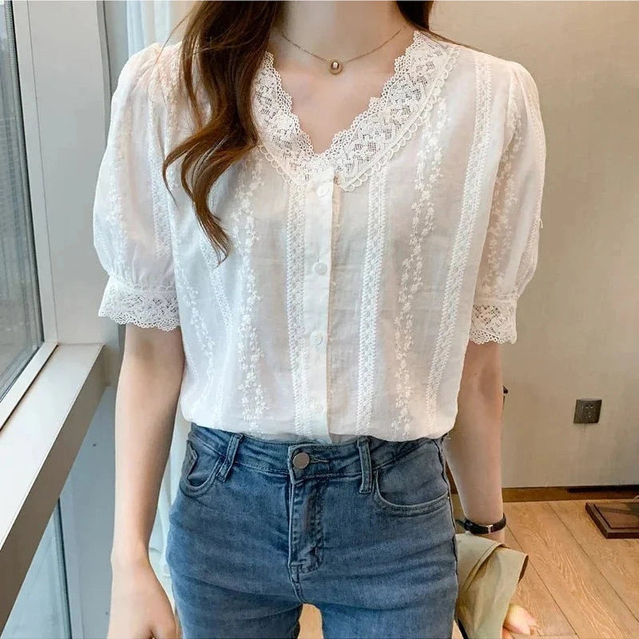 Y2k Lace V-Neck White Blouse
